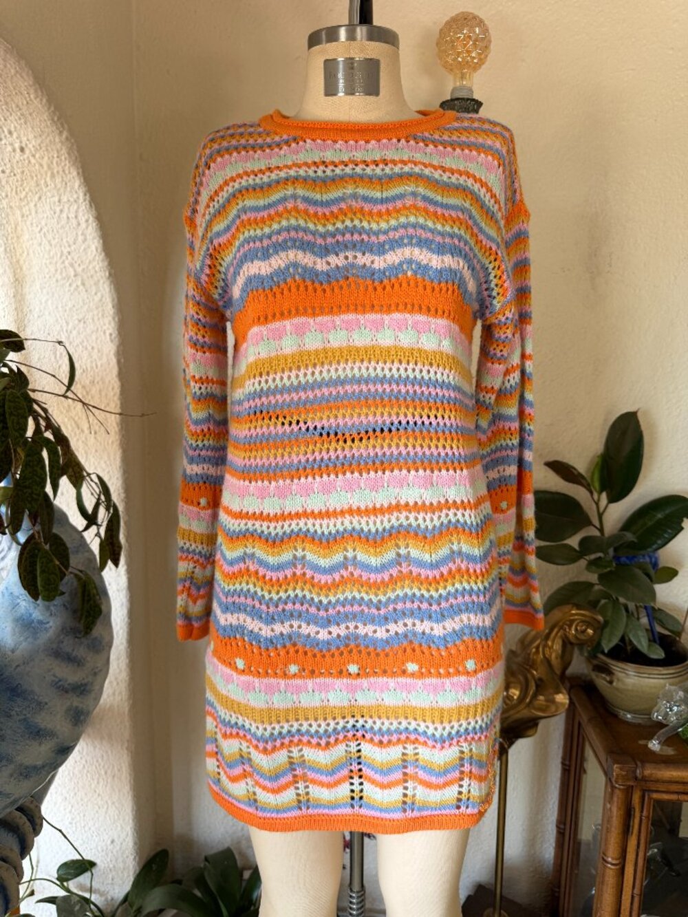 70s Vintage Orange Striped Crochet Long Sleeve Midi Dress Boho Style VTG